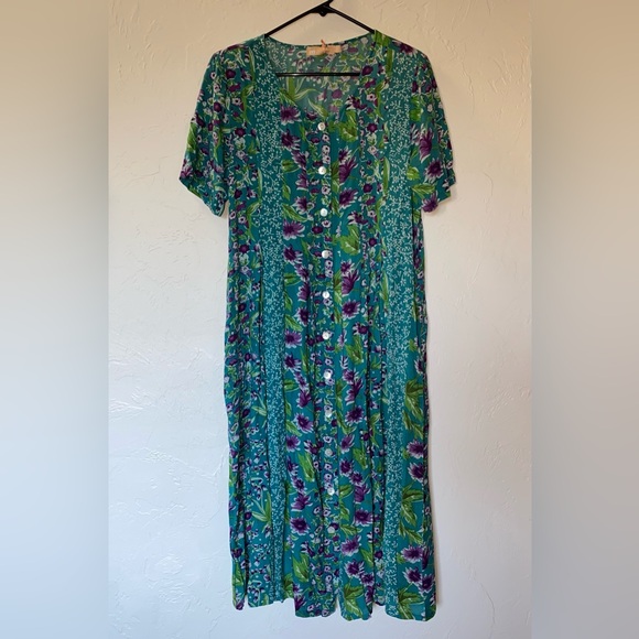 La Cera Short Sleeve Teal Purple Floral Maxi Dress Size Medium NWT - Picture 1 of 11